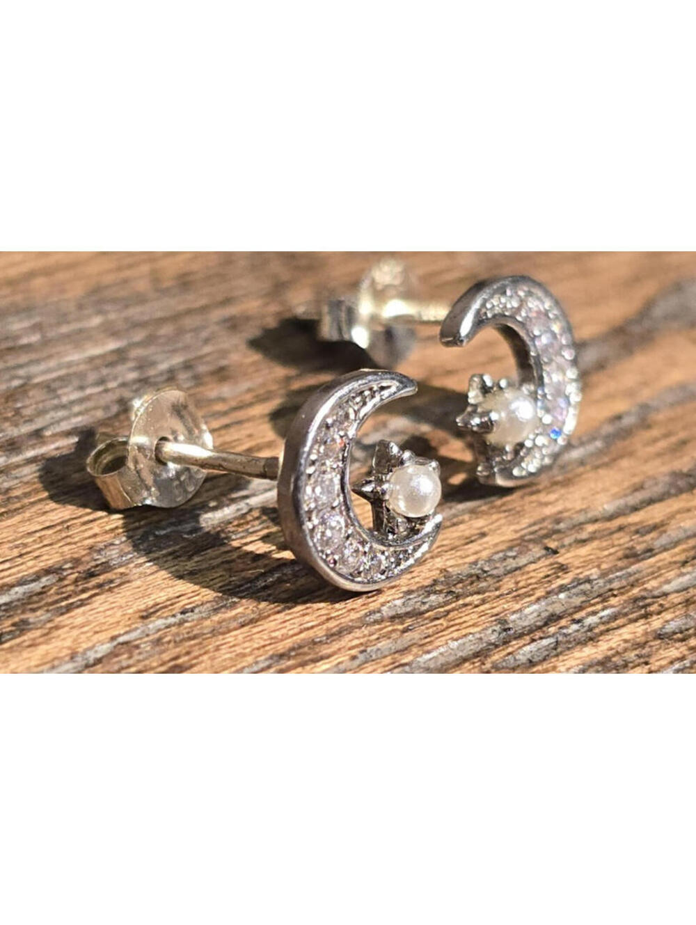 Sterling Silver Moon Star Stud Earrings Dainty Rhodium Plated Faux Pearl CZ - Picture 2 of 3